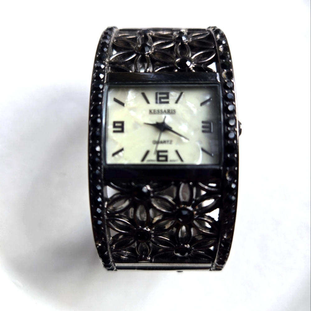 NWOT Kessaris Black Filagree Hinged Cuff Bracelet Watch